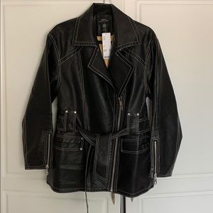 Never Worn Faux Leather Belted Moto Jacket